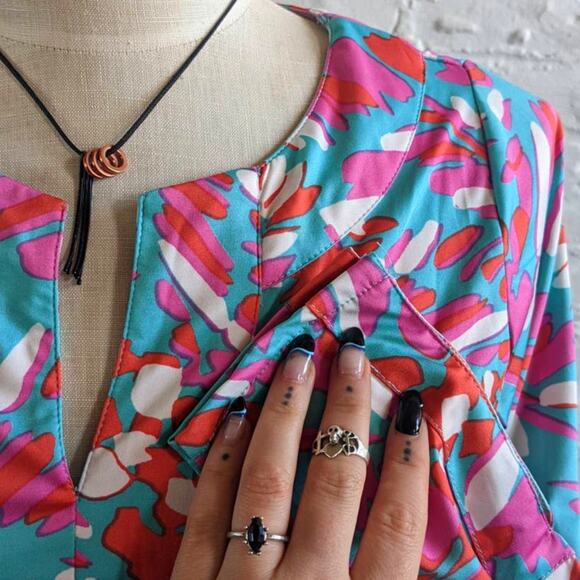 Groovy Vibrant Psychedelic Dress 70s Retro Teal & Pink Beachy Summer Shift Dress - Picture 4 of 8